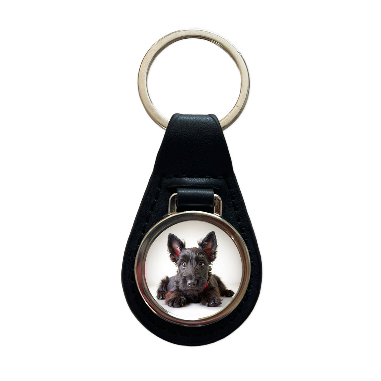 Scottish Terrier Dog Puppy Photo Black Leather Metal Keychain