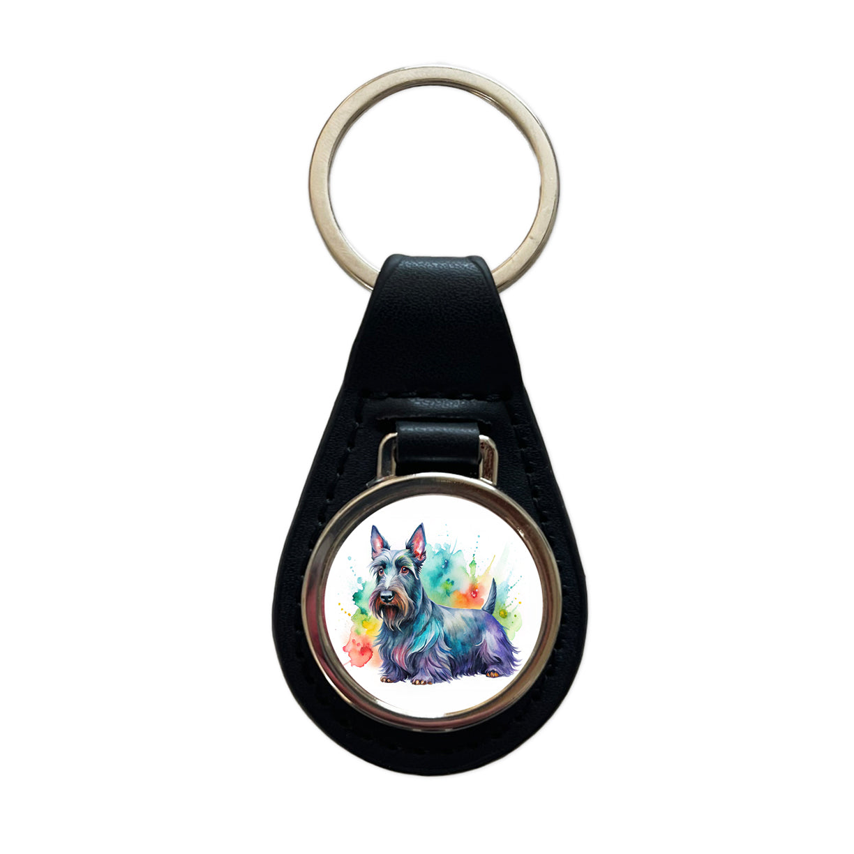 Scottish Terrier Dog Watercolor Style Black Leather Metal Keychain