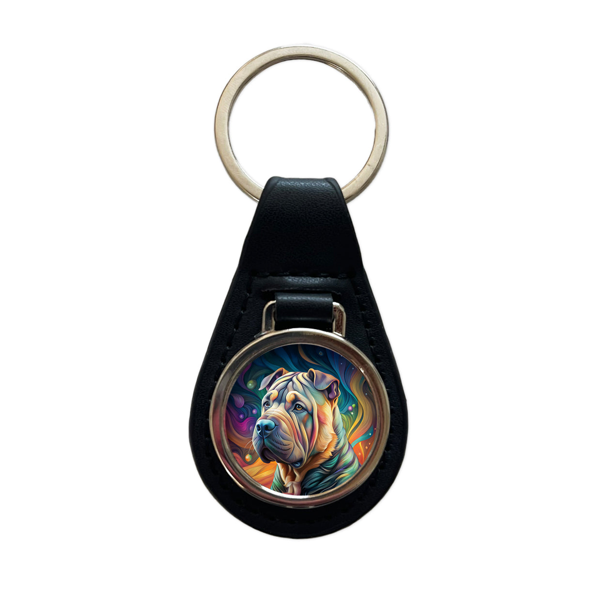 Shar Pei Dog Contemporary Art Black Leather Metal Keychain