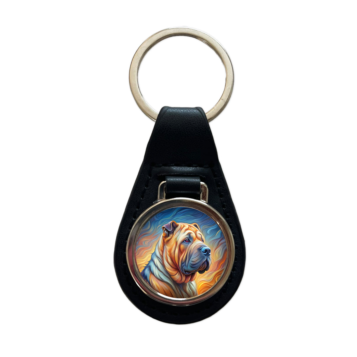 Shar Pei Dog Expressionism Art Black Leather Metal Keychain