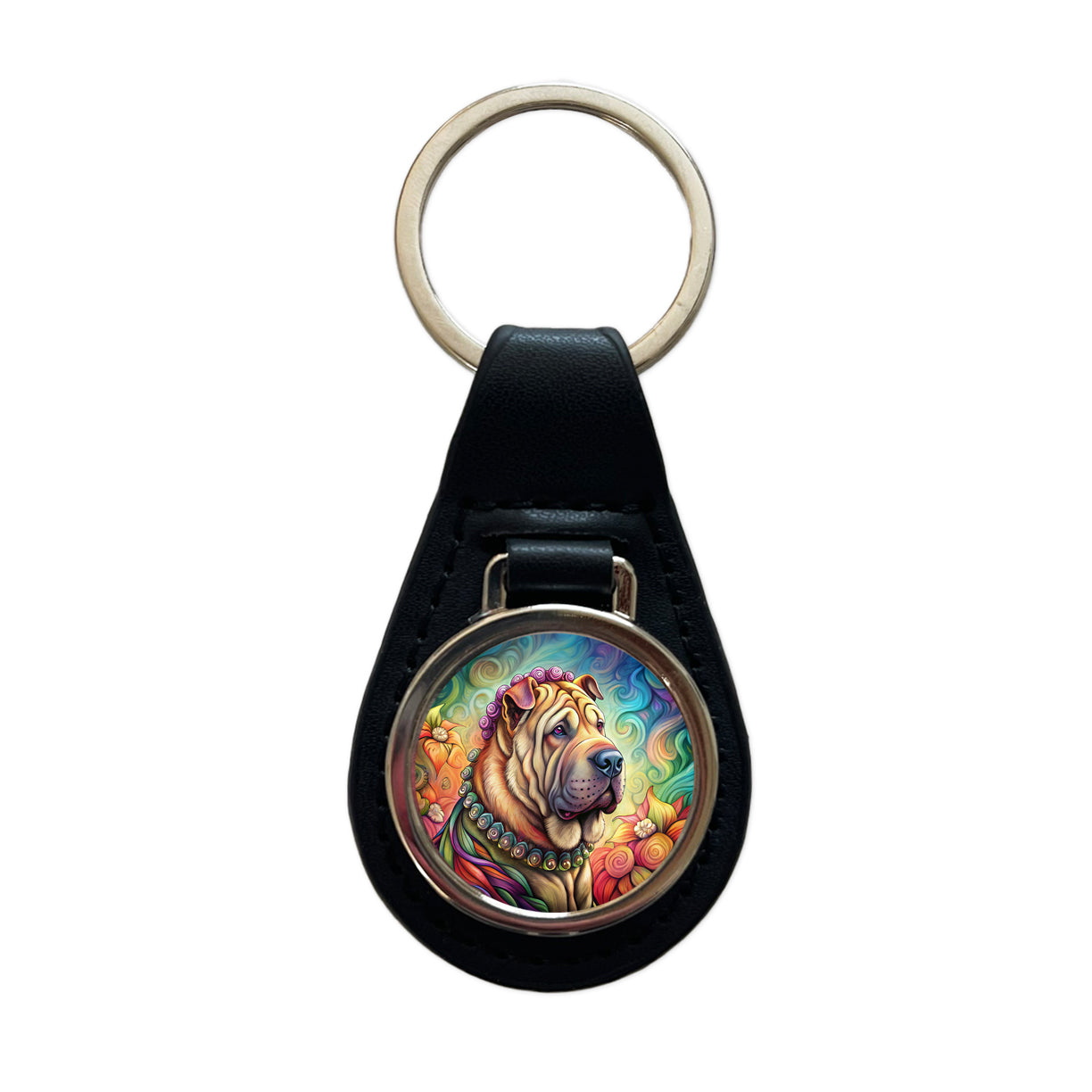Shar Pei Dog French Bohemian Art Black Leather Metal Keychain
