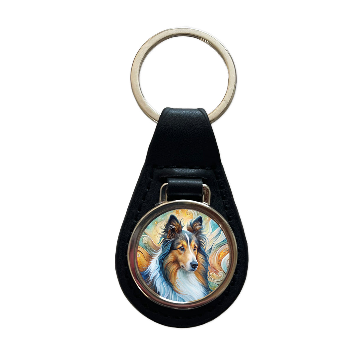 Shetland Sheepdog Sheltie Dog Abstract Art Black Leather Metal Keychain