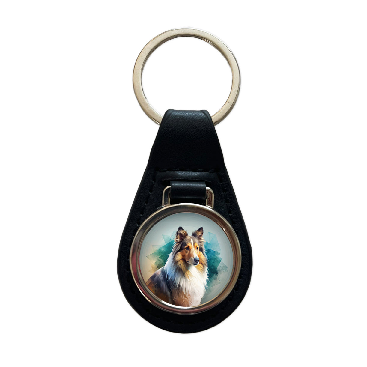 Shetland Sheepdog Sheltie Dog Contemporary Art Black Leather Metal Keychain