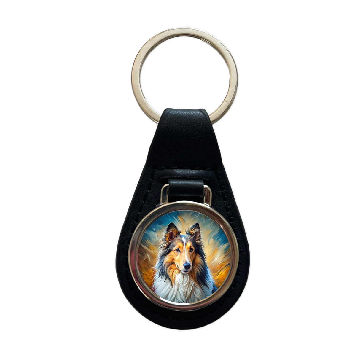 Shetland Sheepdog Sheltie Dog Expressionism Art Black Leather Metal Keychain
