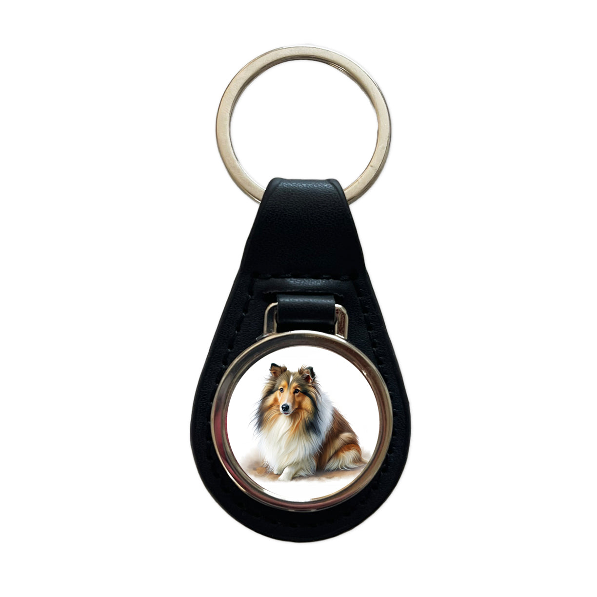 Shetland Sheepdog Sheltie Dog Illustration Black Leather Metal Keychain