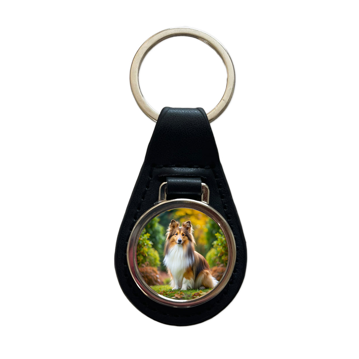 Shetland Sheepdog Sheltie Dog Photo Black Leather Metal Keychain