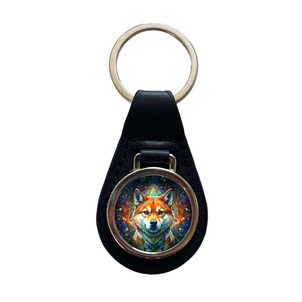Shiba Inu Dog Abstract Art Black Leather Metal Keychain