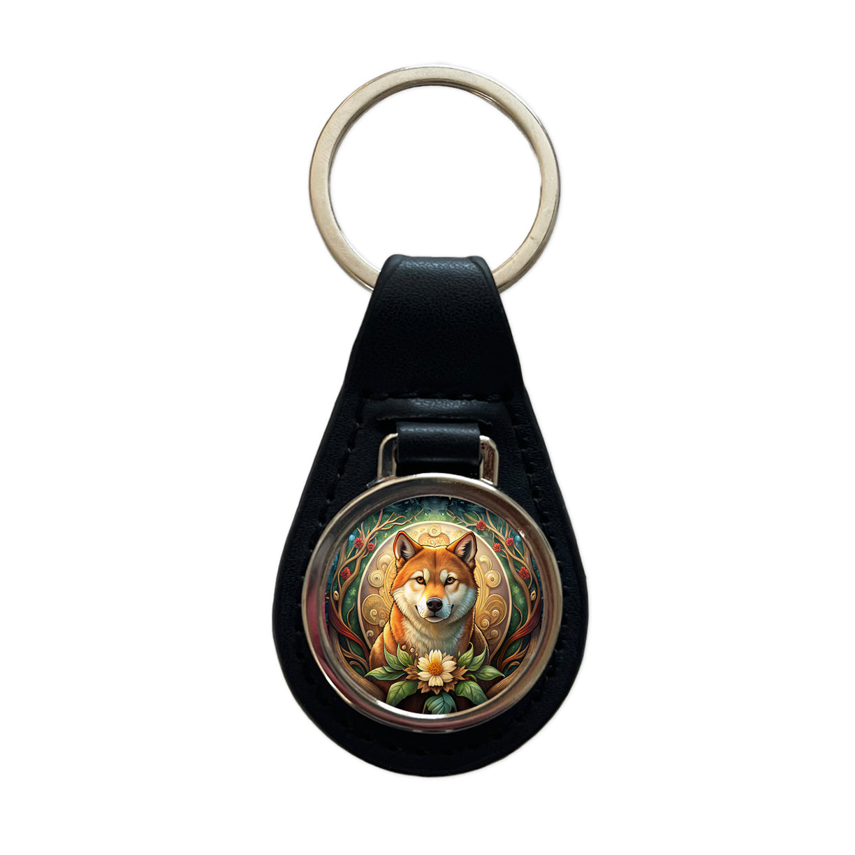 Shiba Inu Dog Art Nouveau Black Leather Metal Keychain