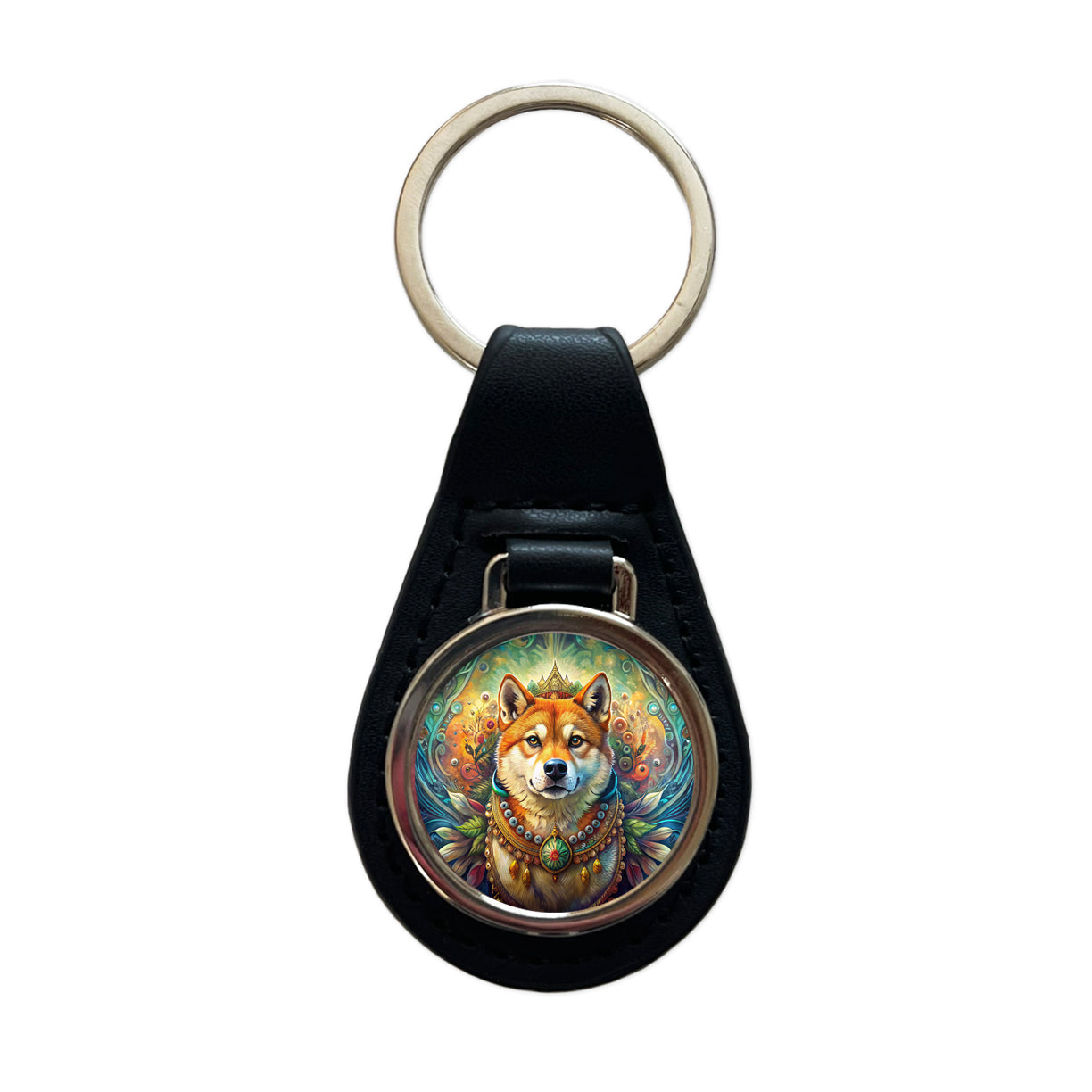 Shiba Inu Dog Bohemian Art Black Leather Metal Keychain
