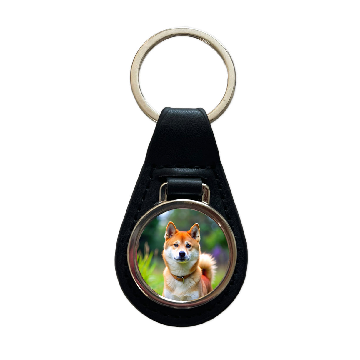 Shiba Inu Dog Photo Black Leather Metal Keychain