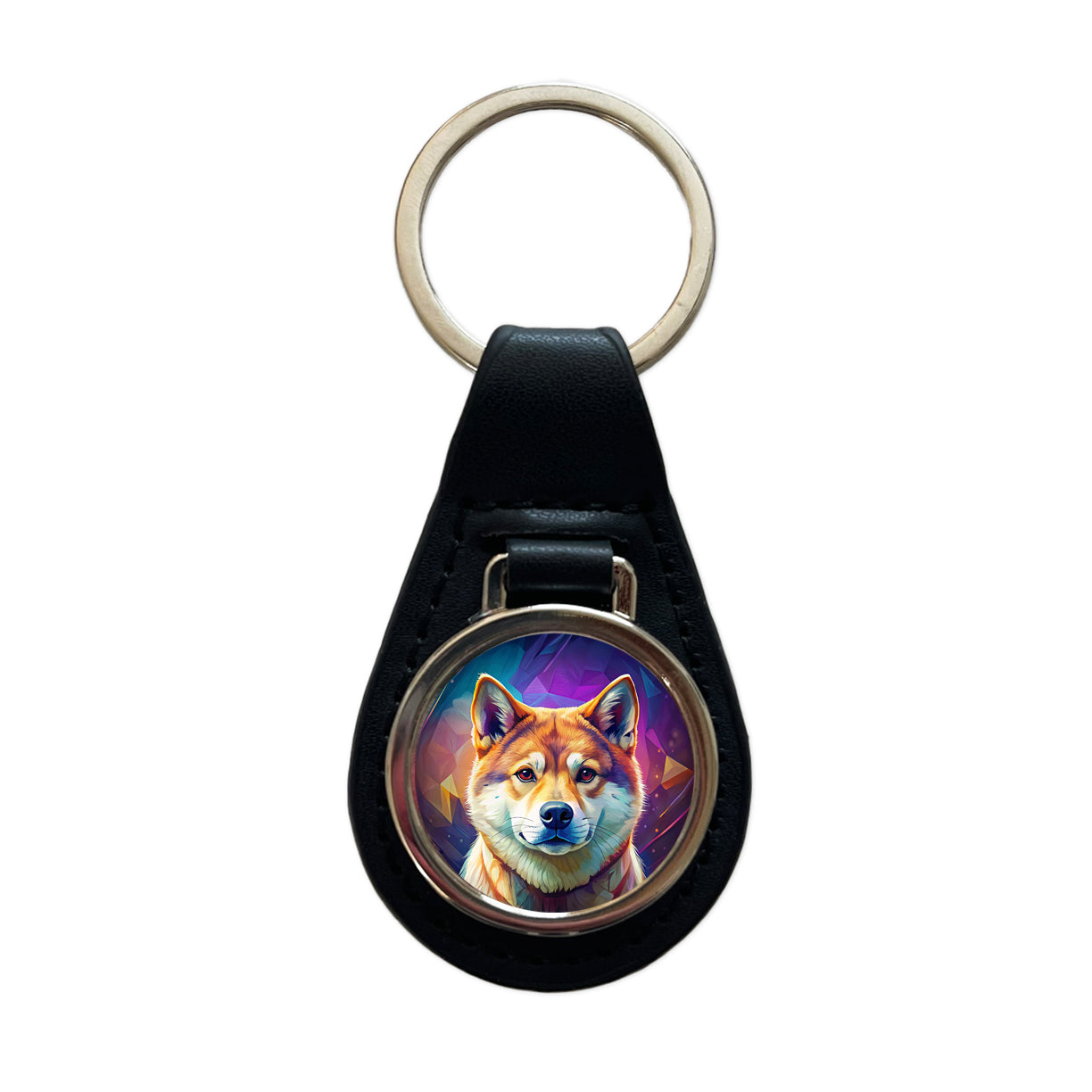 Shiba Inu Dog Pop Art Black Leather Metal Keychain