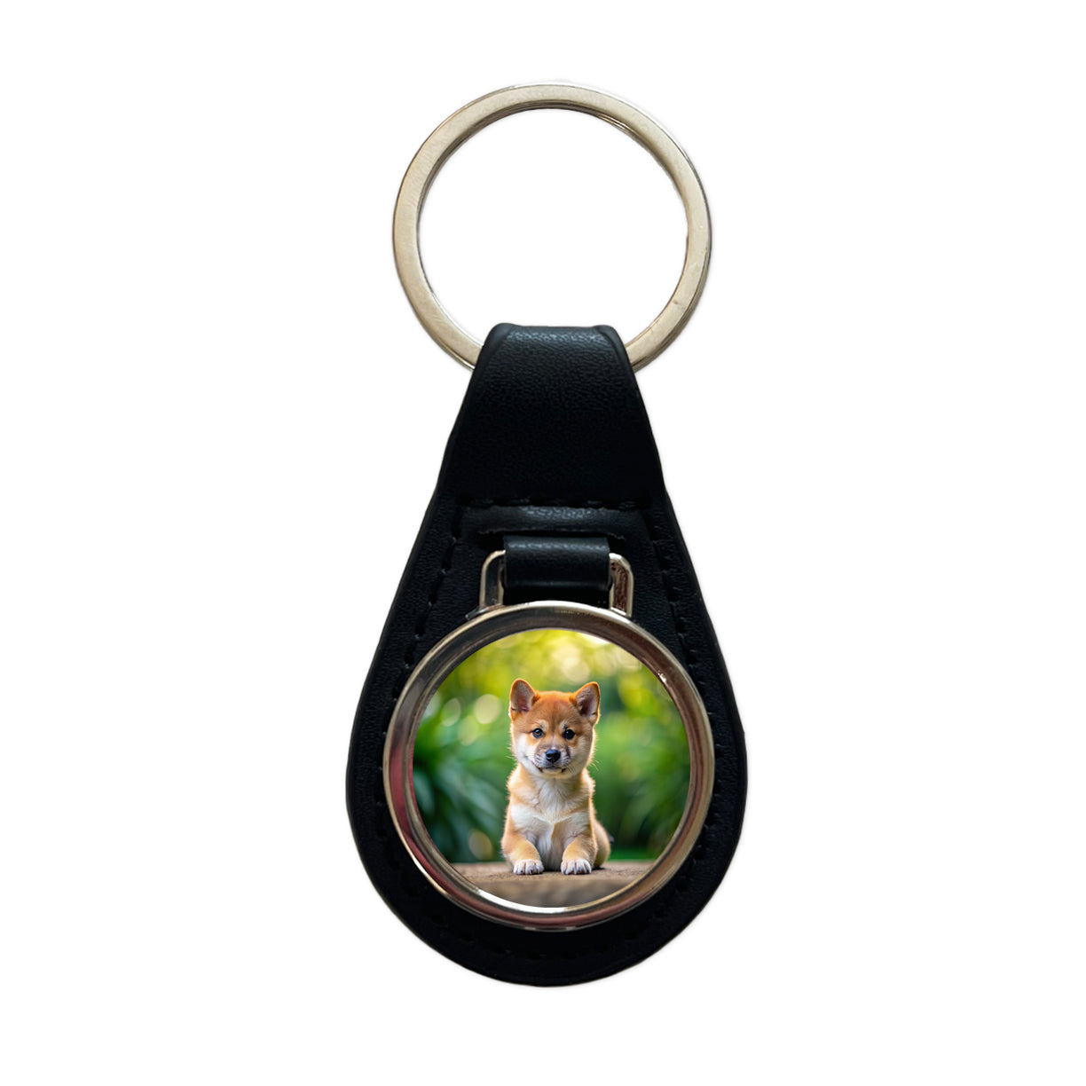 Shiba Inu Dog Puppy Photo Black Leather Metal Keychain