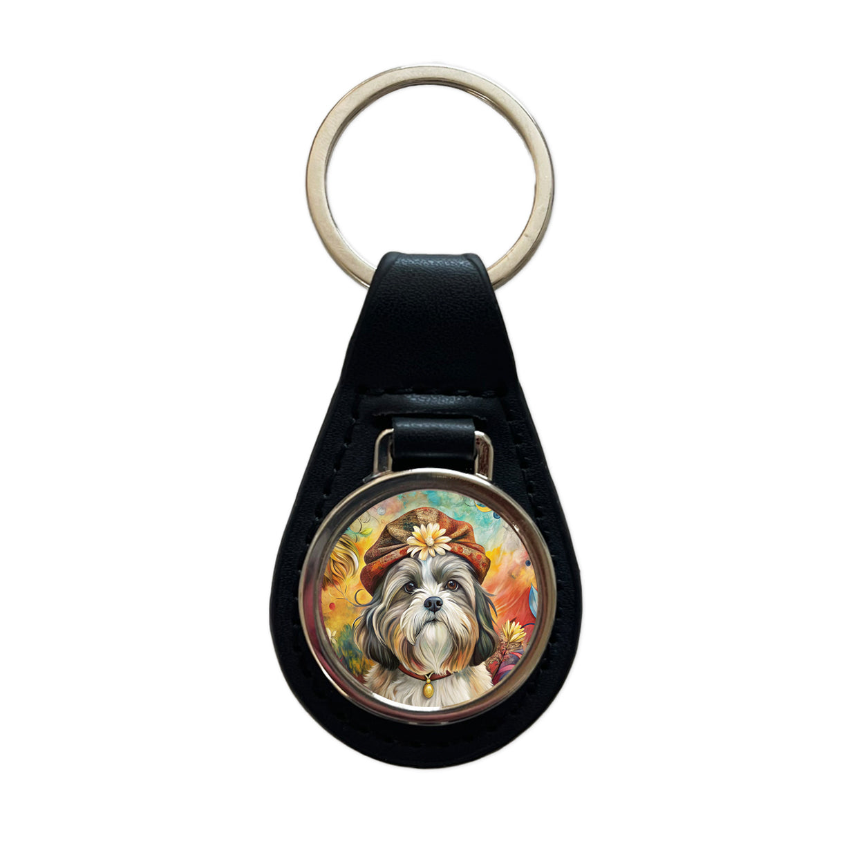 Shih Tzu Dog French Bohemian Art Black Leather Metal Keychain