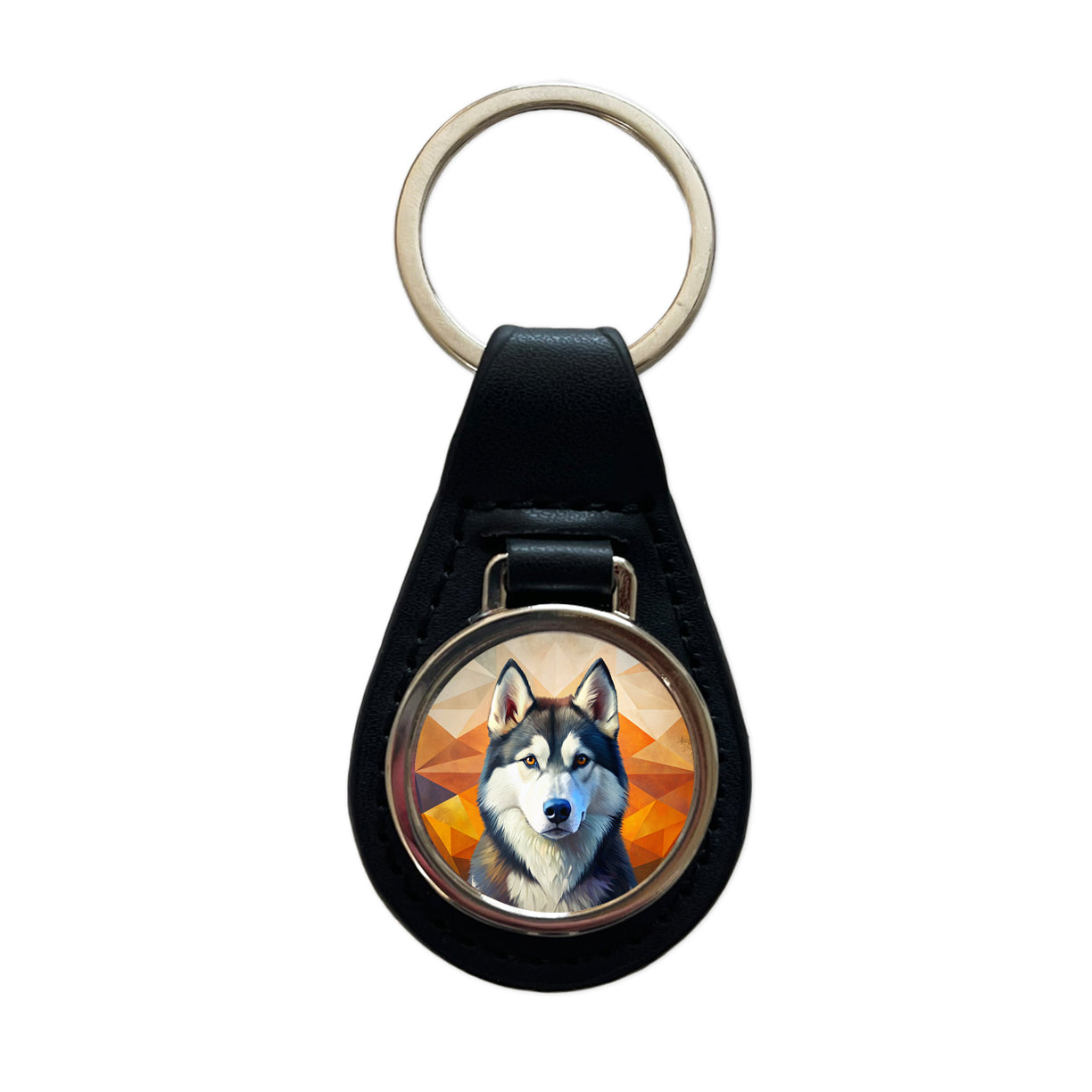 Siberian Husky Dog Contemporary Art Black Leather Metal Keychain