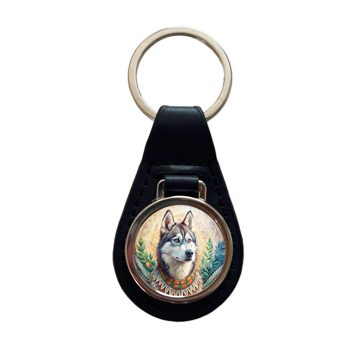 Siberian Husky Dog French Bohemian Art Black Leather Metal Keychain