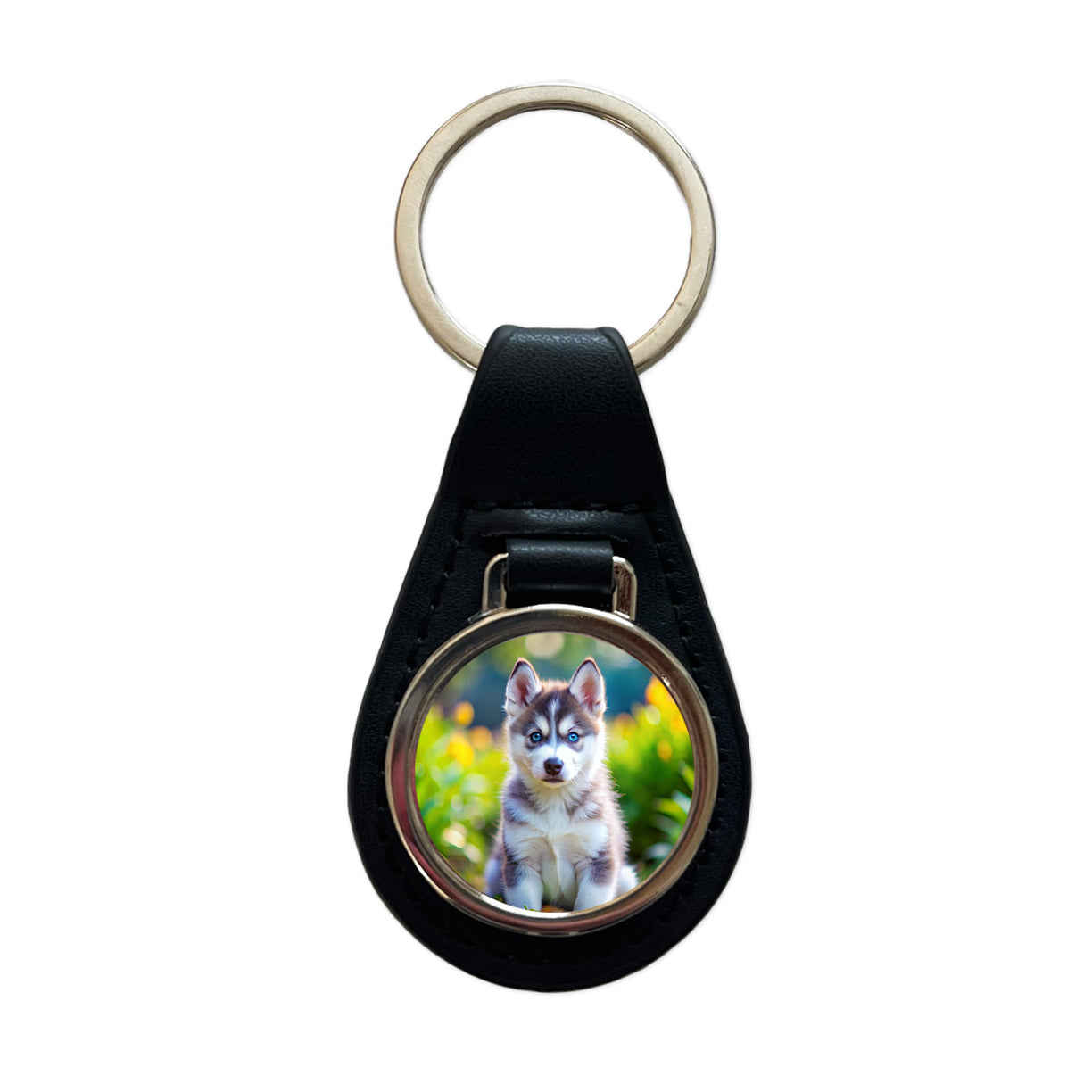 Siberian Husky Dog Puppy Photo Black Leather Metal Keychain