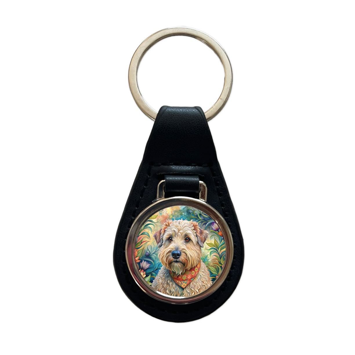Soft Coated Wheaten Terrier Dog French Bohemian Art Black Leather Metal Keychain
