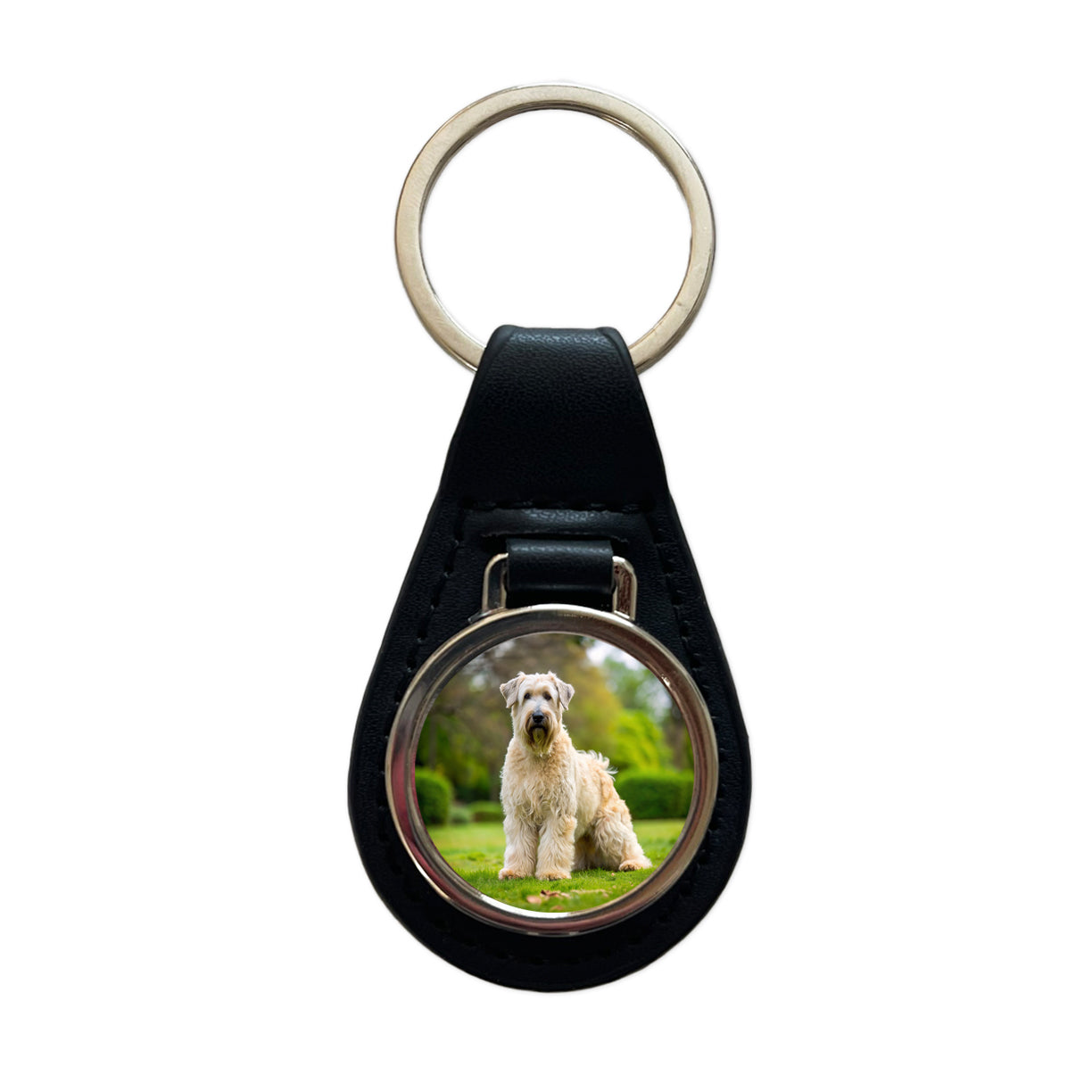 Soft Coated Wheaten Terrier Dog Photo Black Leather Metal Keychain