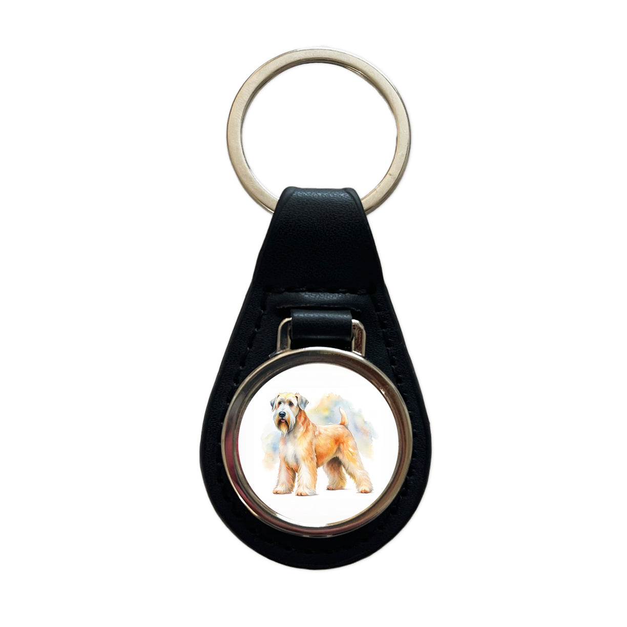 Soft Coated Wheaten Terrier Dog Watercolor Style Black Leather Metal Keychain