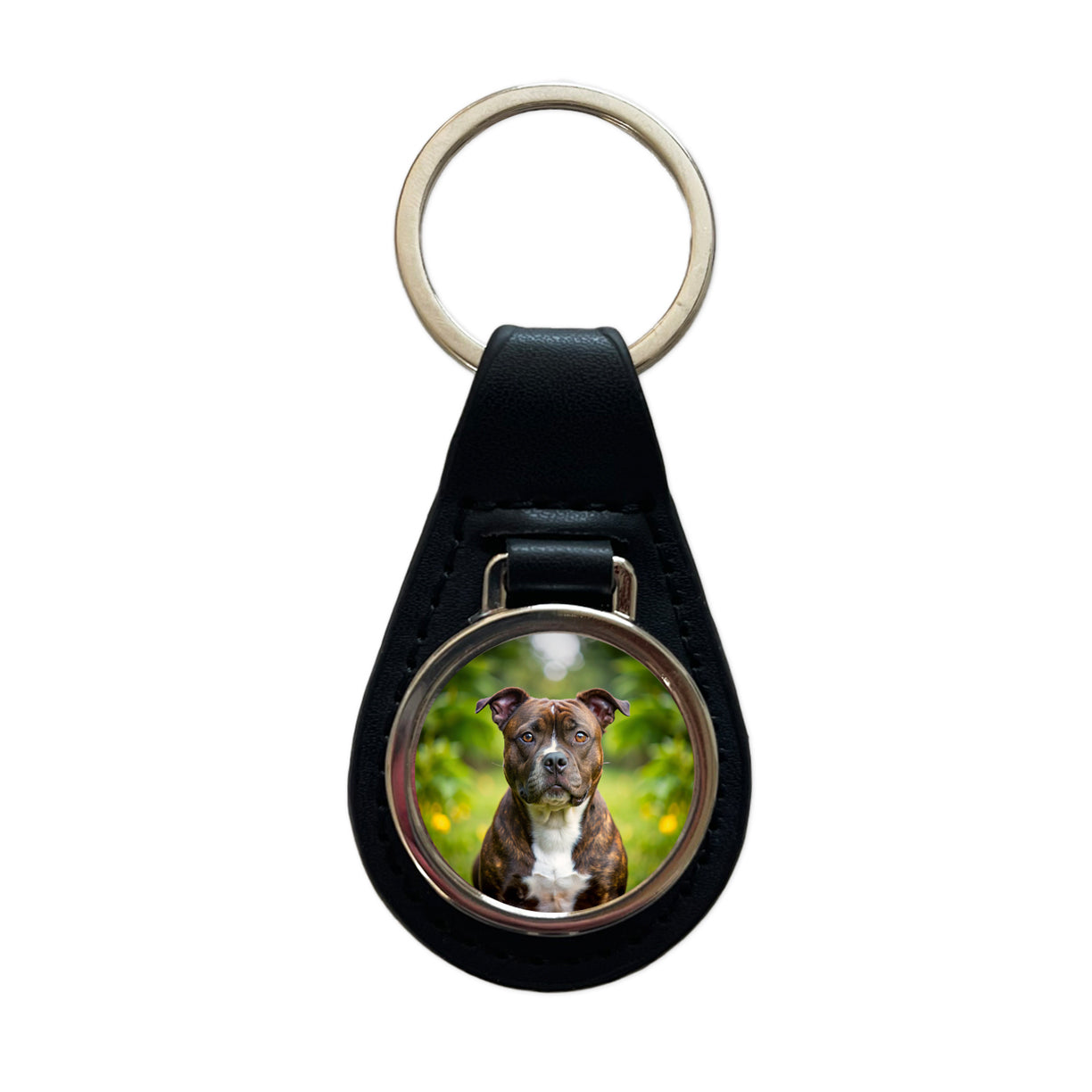 Staffordshire Bull Terrier Staffy Dog Photo Black Leather Metal Keychain