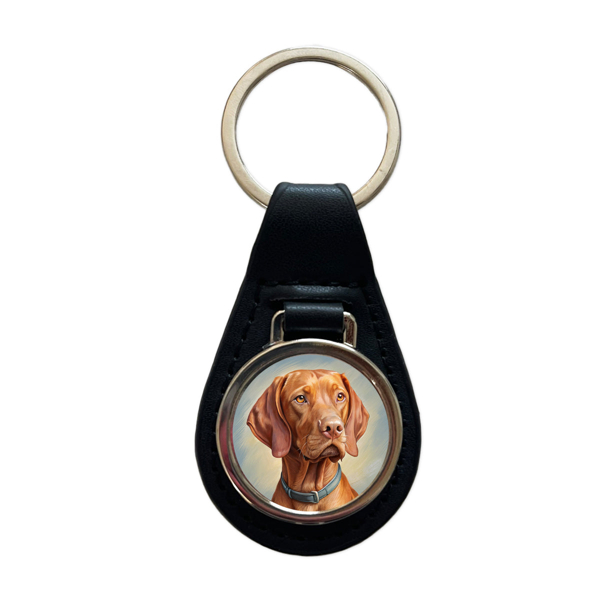 Vizsla Dog Illustration Black Leather Metal Keychain