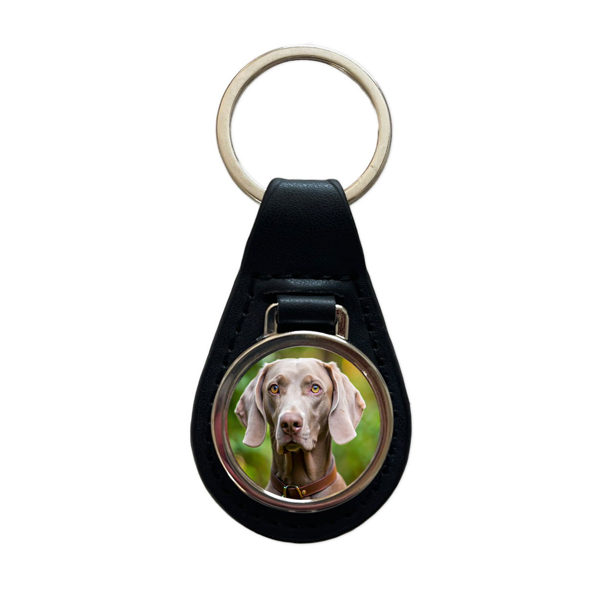 Weimaraner Dog Photo Black Leather Metal Keychain