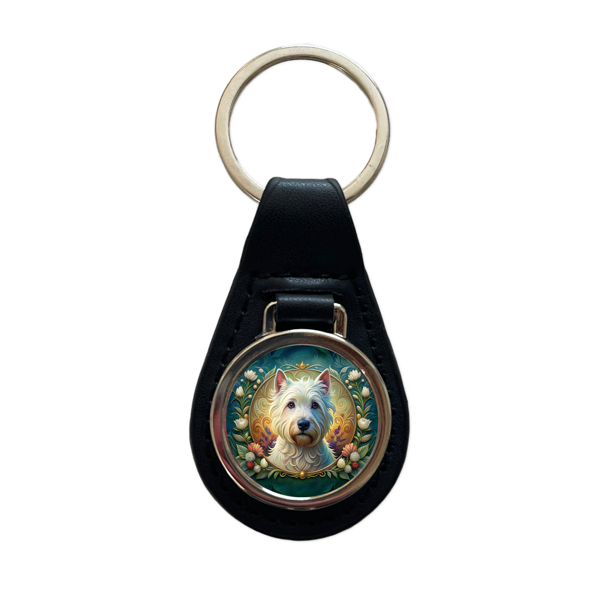 West Highland White Terrier Westie Dog Art Nouveau Black Leather Metal Keychain