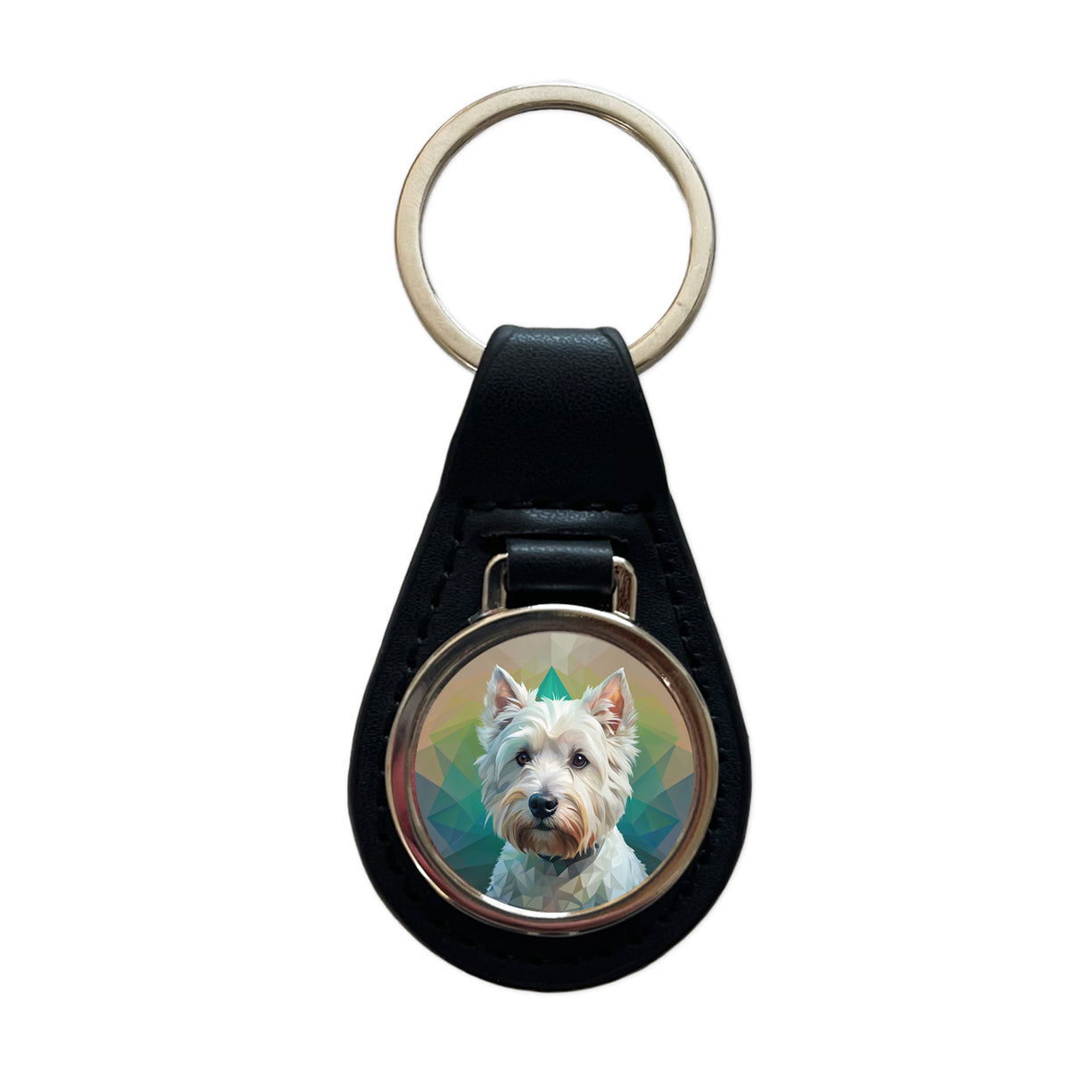 West Highland White Terrier Westie Dog Contemporary Art Black Leather Metal Keychain