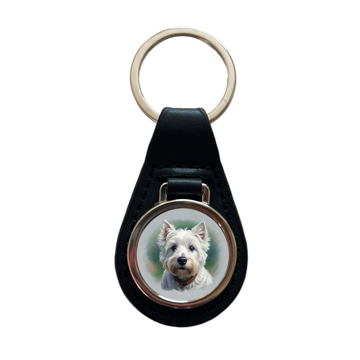 West Highland White Terrier Westie Dog Illustration Black Leather Metal Keychain