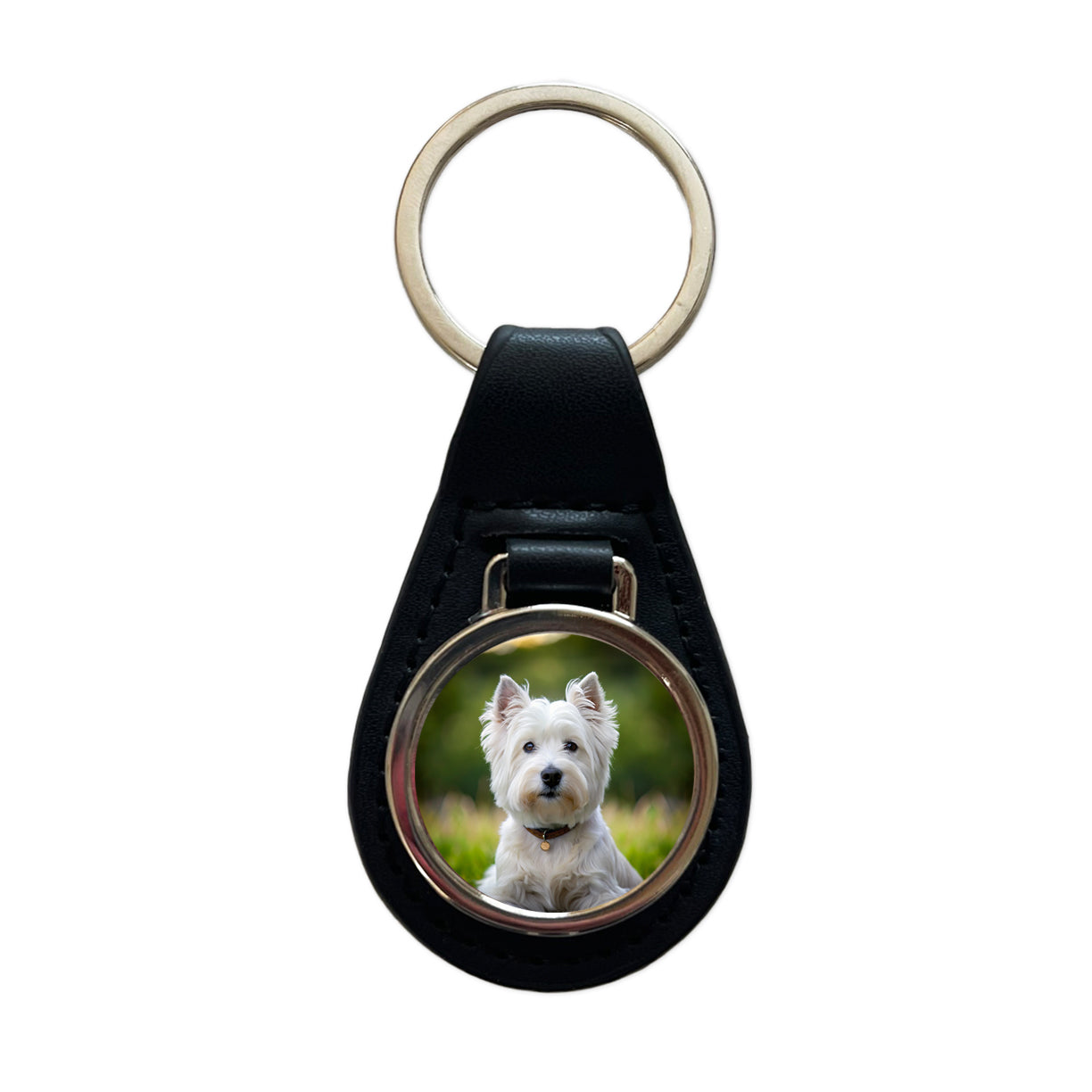 West Highland White Terrier Westie Dog Photo Black Leather Metal Keychain