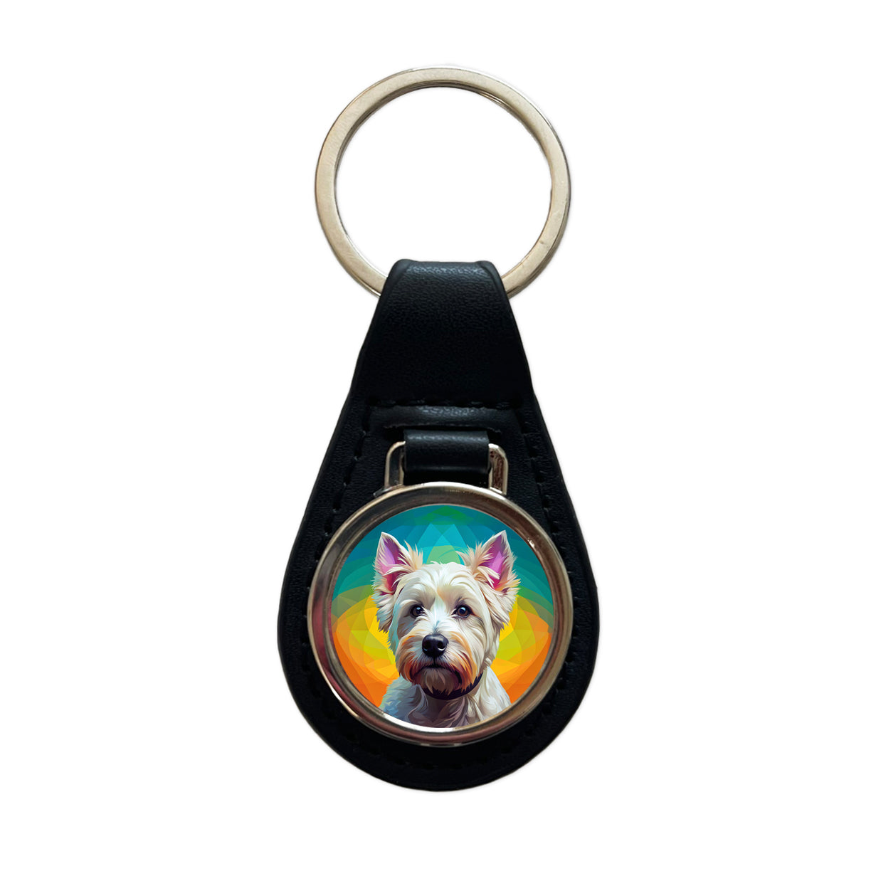 West Highland White Terrier Westie Dog Pop Art Black Leather Metal Keychain