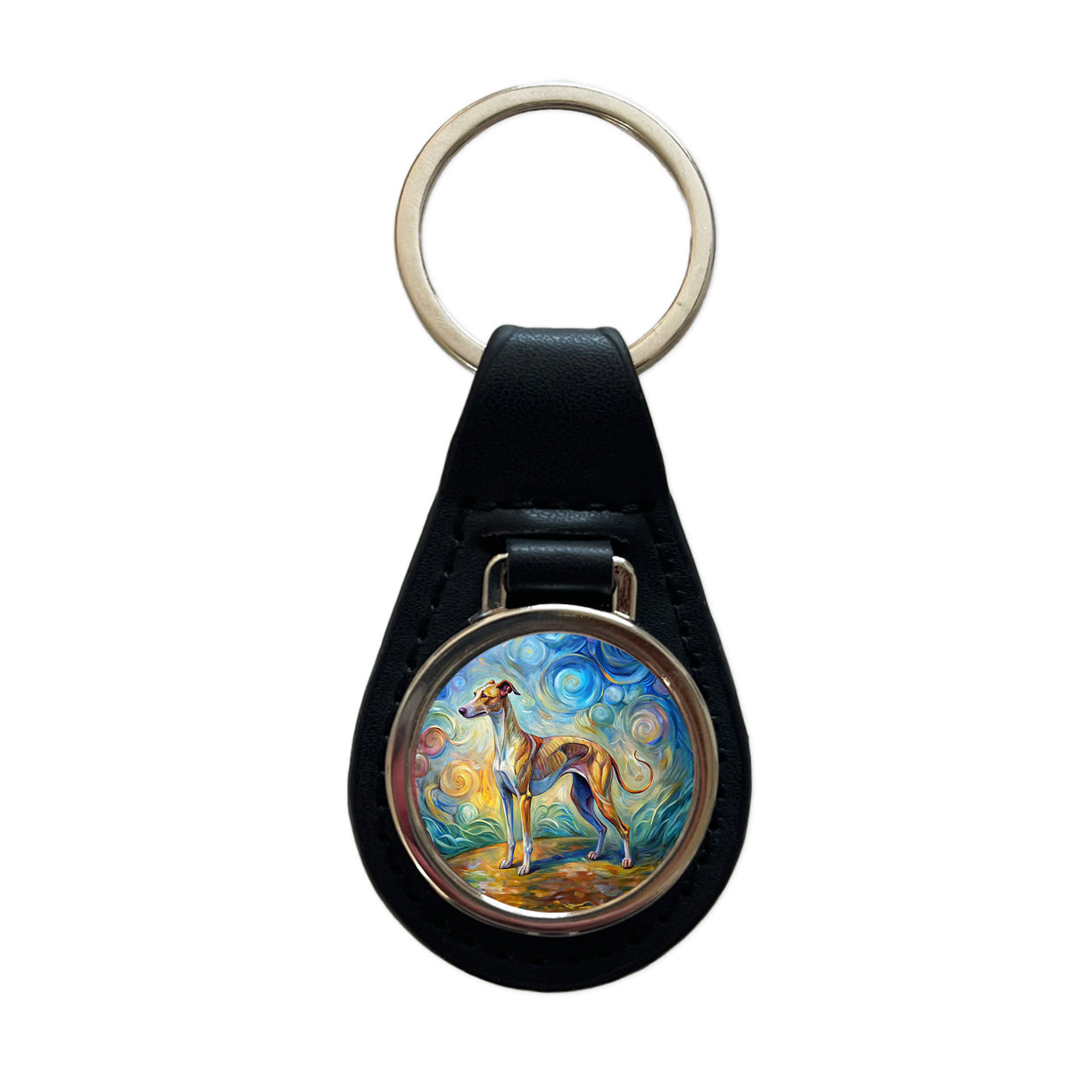 Whippet Dog Expressionism Art Black Leather Metal Keychain