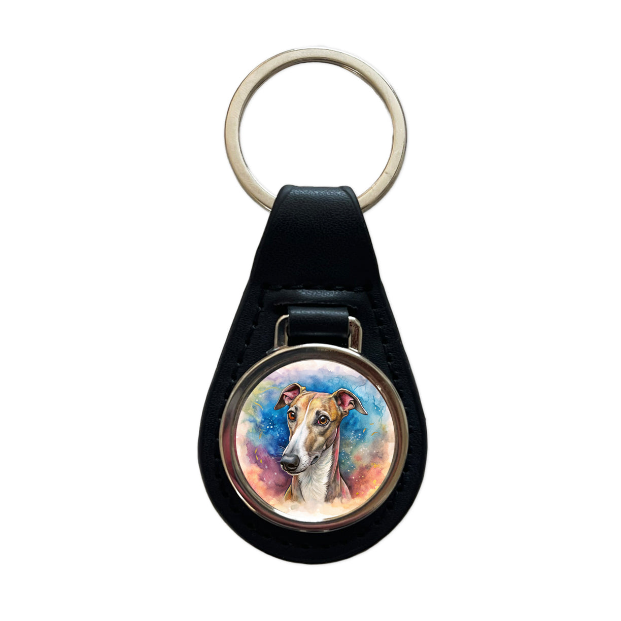 Whippet Dog Illustration Black Leather Metal Keychain