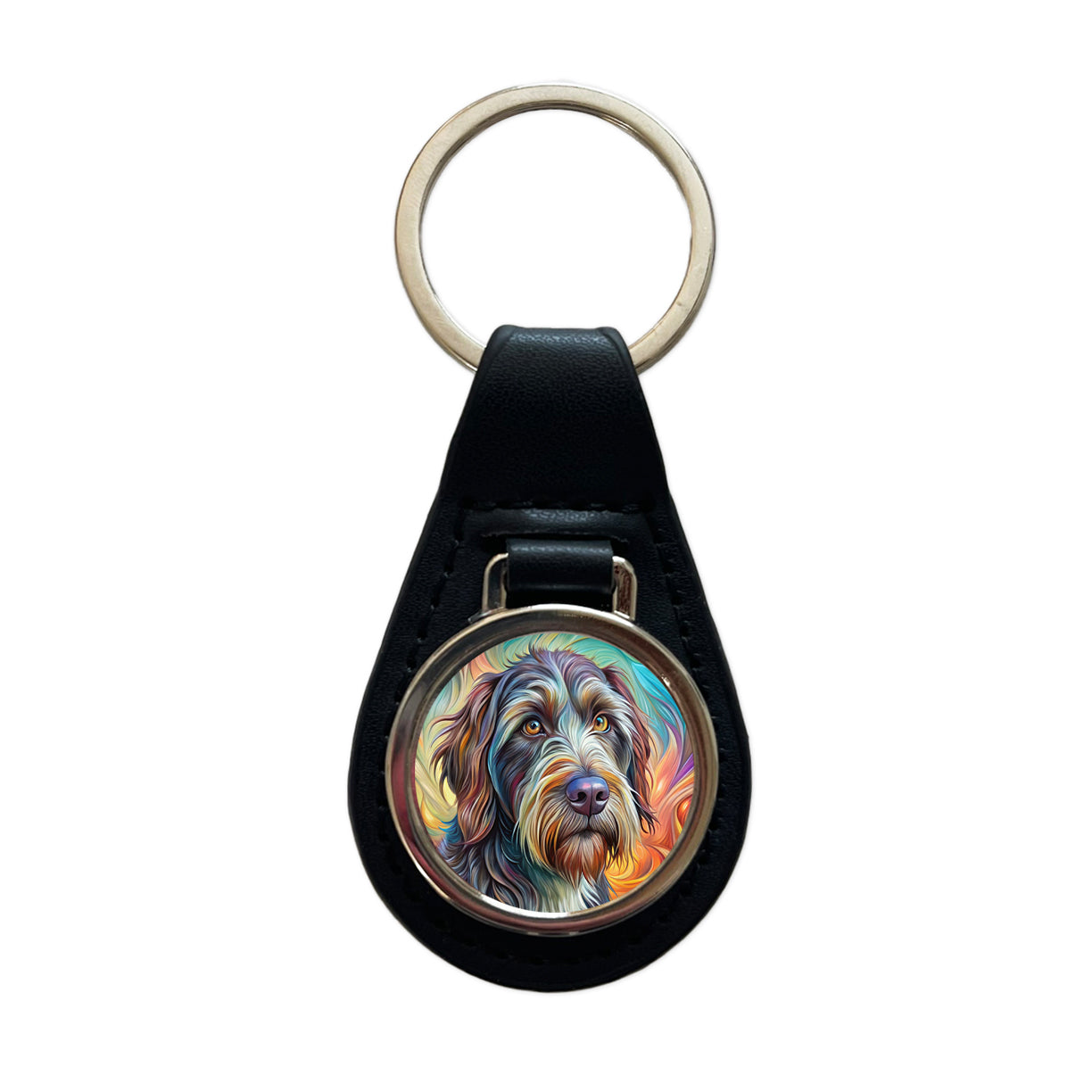 Wirehaired Pointing Griffon Dog Abstract Art Black Leather Metal Keychain