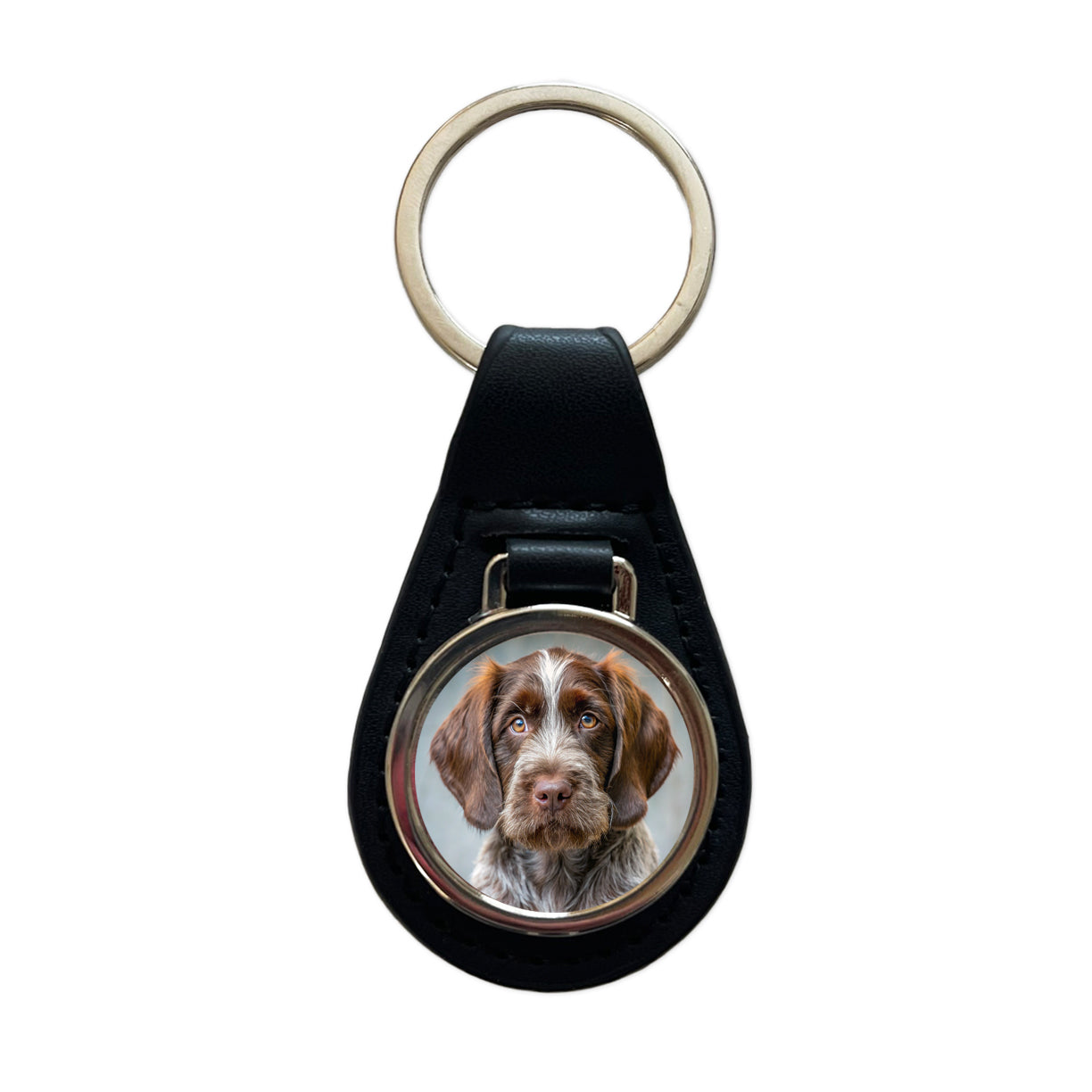 Wirehaired Pointing Griffon Dog Puppy Photo Black Leather Metal Keychain