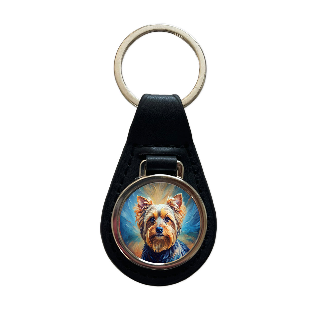 Yorkshire Terrier Yorkie Dog Expressionism Art Black Leather Metal Keychain
