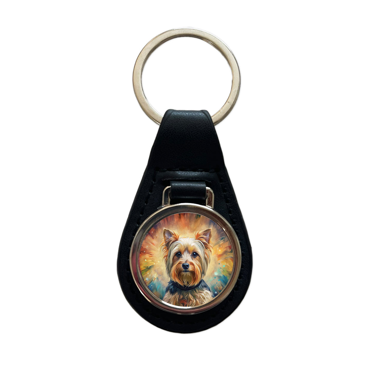 Yorkshire Terrier Yorkie French Bohemian Art Black Leather Metal Keychain