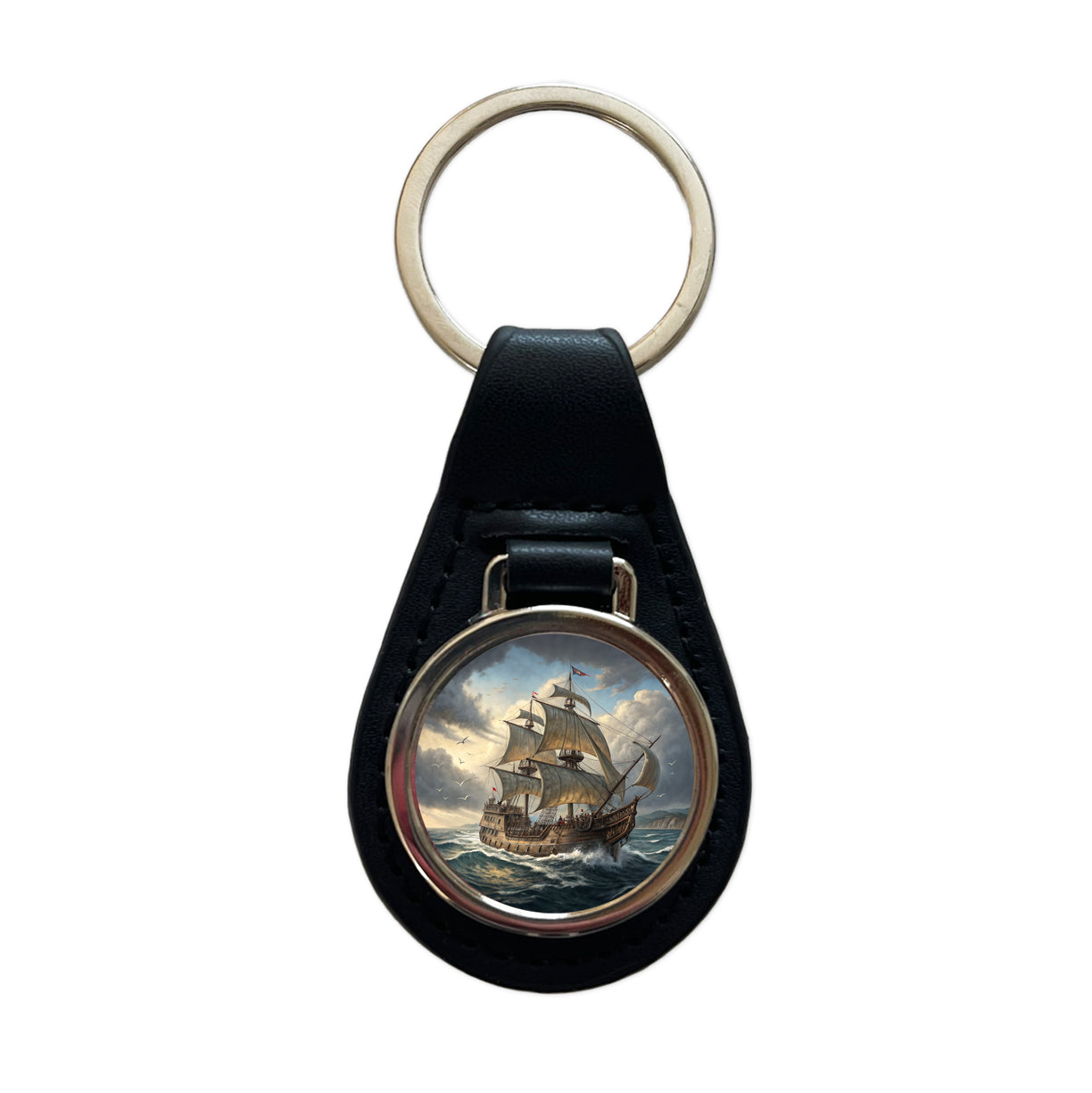 18th Century Privateer Sailing Ship At Sea Age of Sail Black Leather Metal Keychain