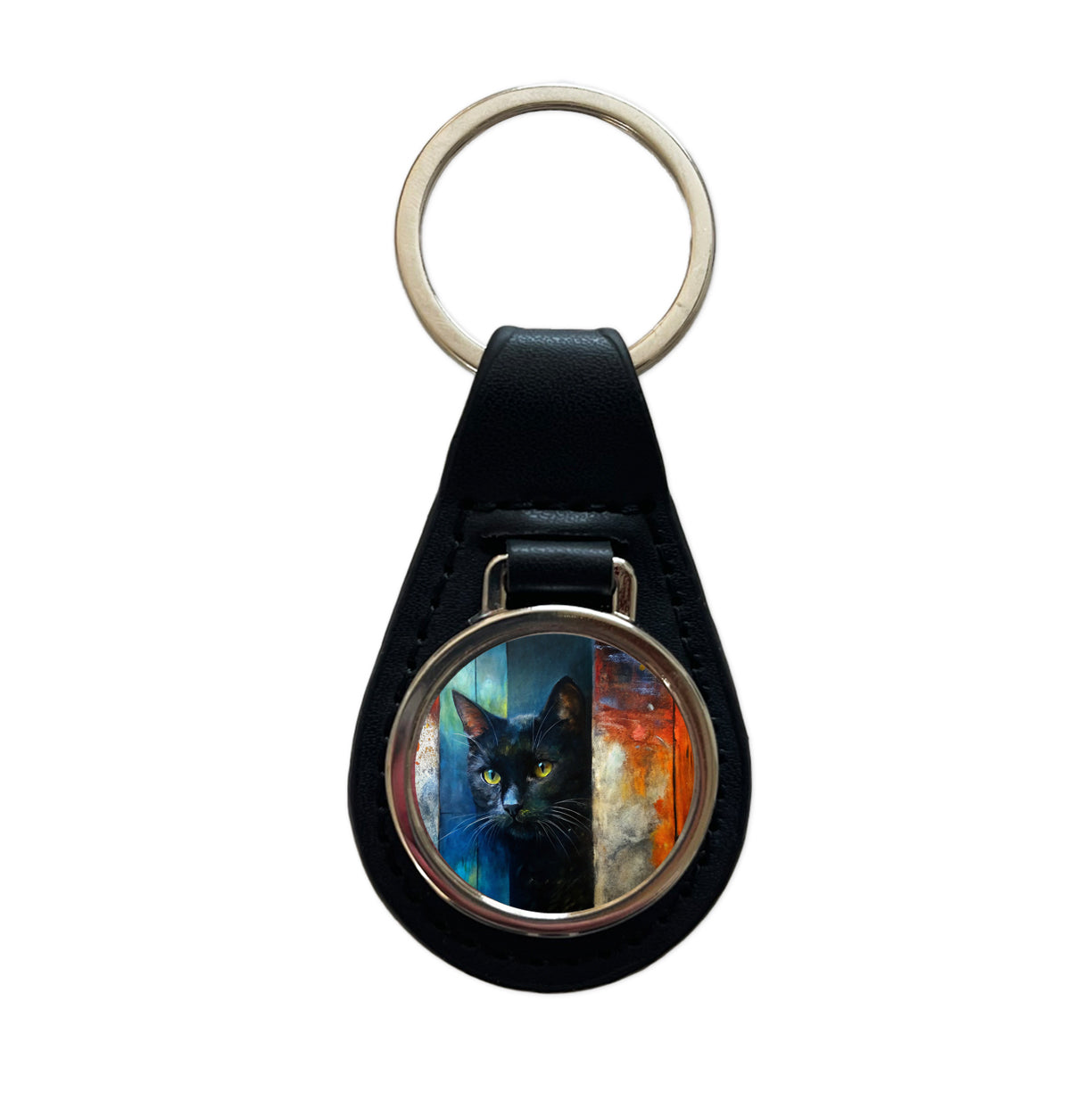 Black Cat Peaking Behind Door Abstract Art Black Leather Metal Keychain