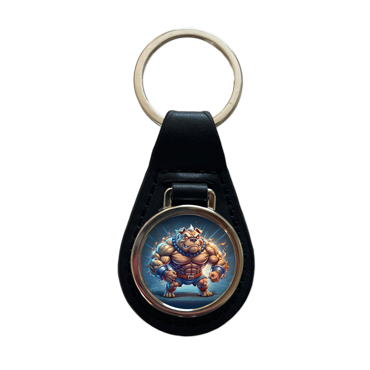 Bulldog With Huge Muscles Cartoon Black Leather Metal Keychain