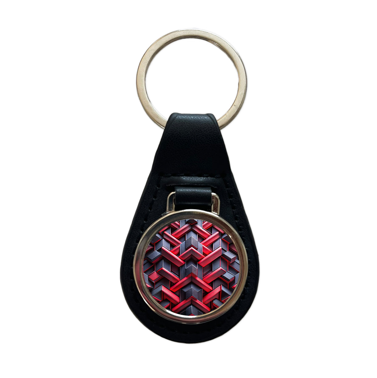 Chunky Angular Black And Red Design Pattern Black Leather Metal Keychain