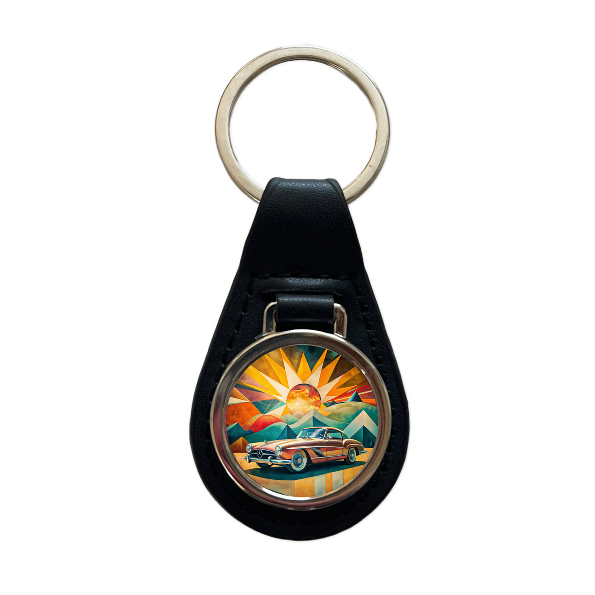 Classic Retro German Car Art Black Leather Metal Keychain