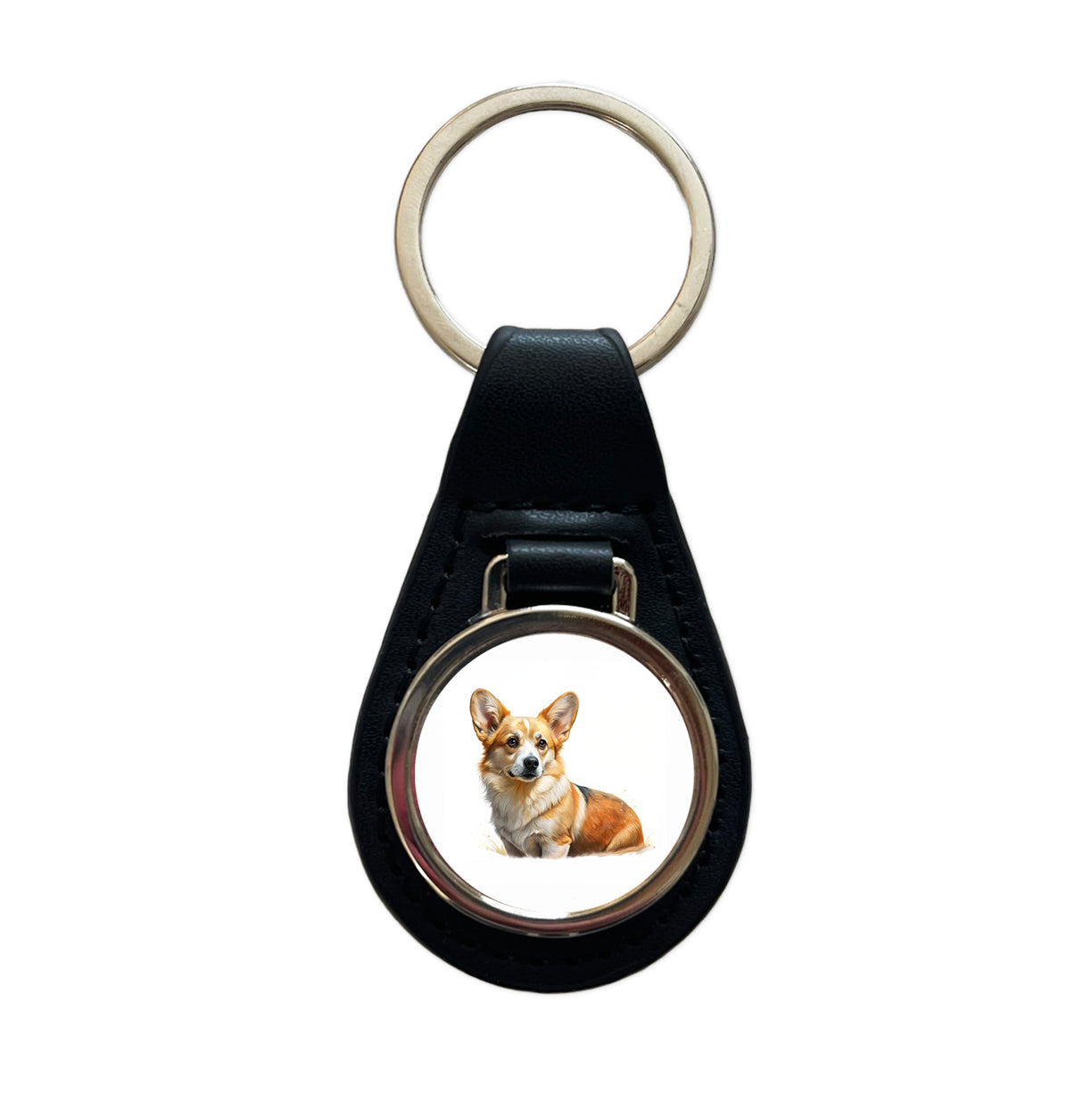 Corgi Cute Illustration Black Leather Metal Keychain
