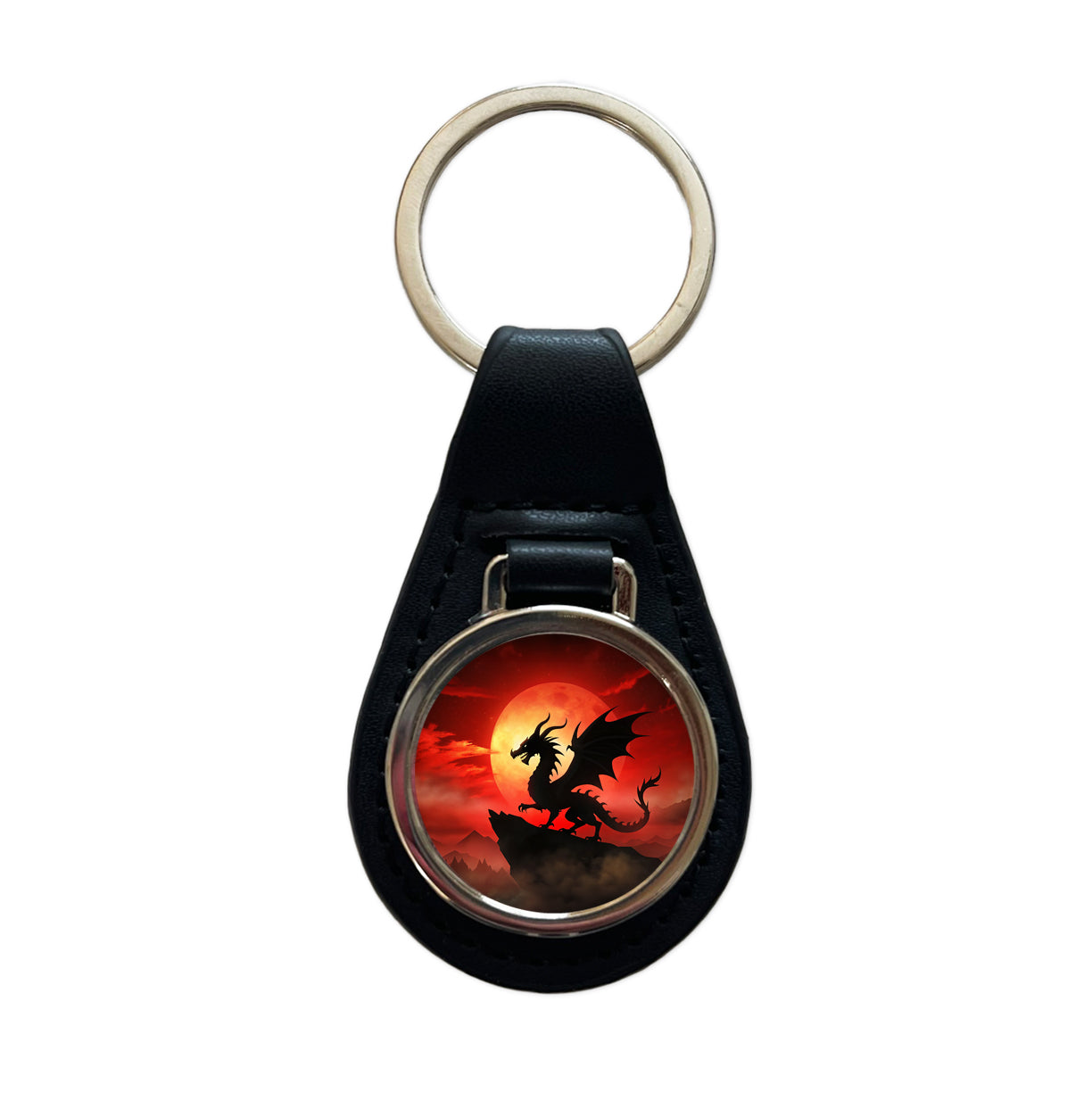 Dragon Silhouette Against A Red Sky Black Leather Metal Keychain