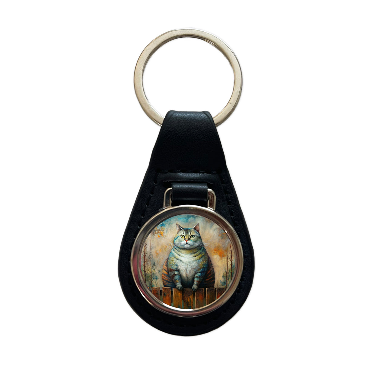 Fat Chunky Alley Cat Sitting On Fence Abstract Art Black Leather Metal Keychain