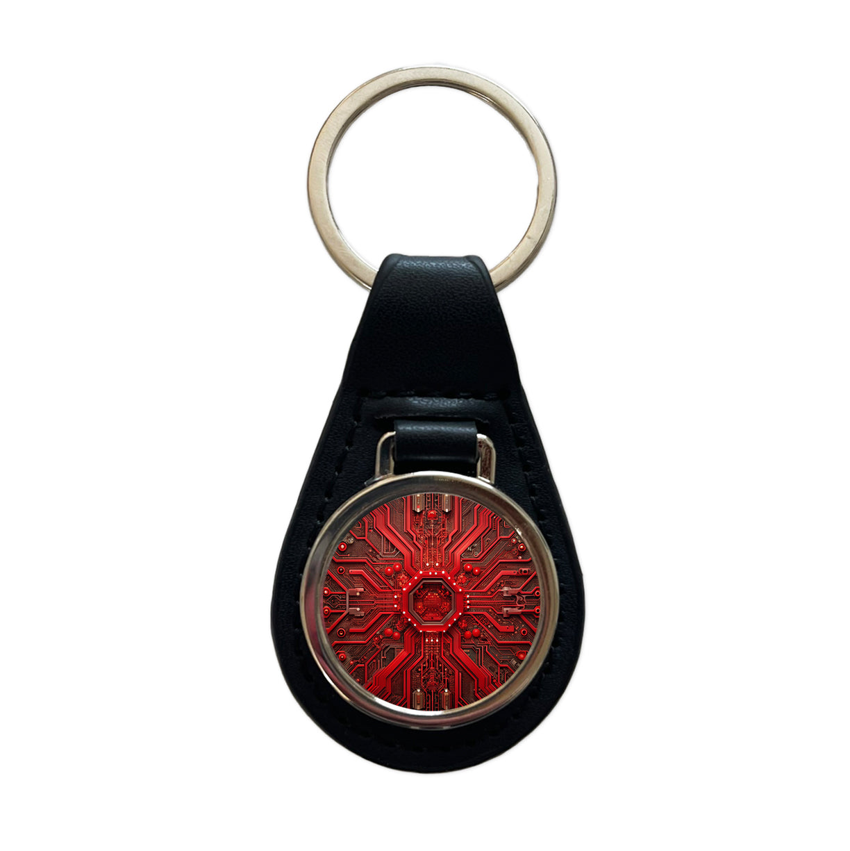 Intricate Red Circuit Board Black Leather Metal Keychain