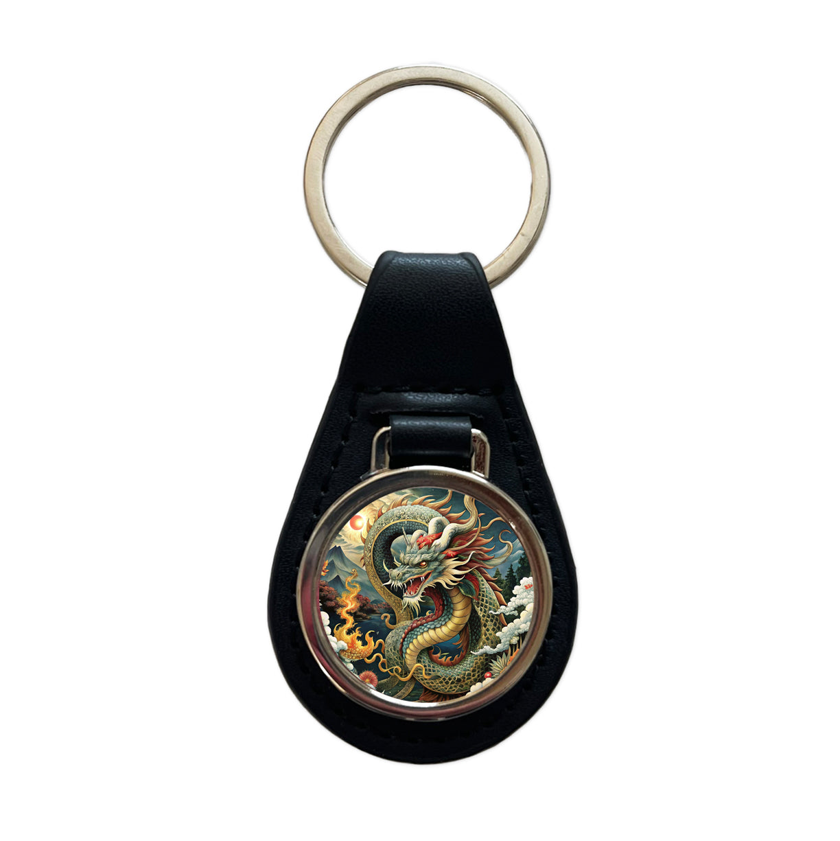 Japanese Asian Dragon Serpent Spirit Art Black Leather Metal Keychain