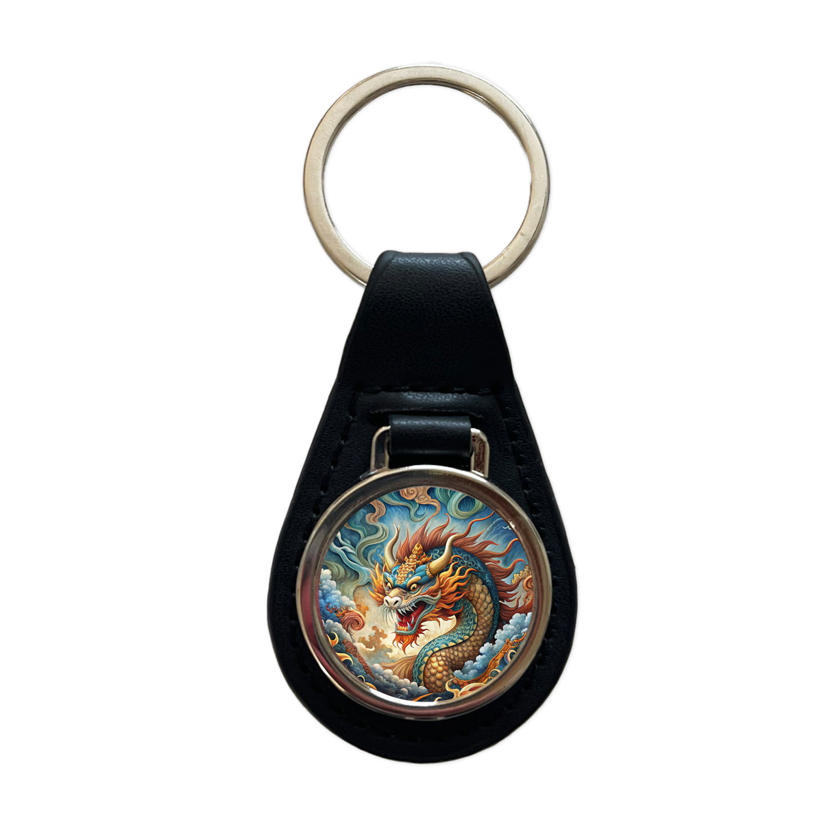 Japanese Asian Spirit Dragon Art Black Leather Metal Keychain