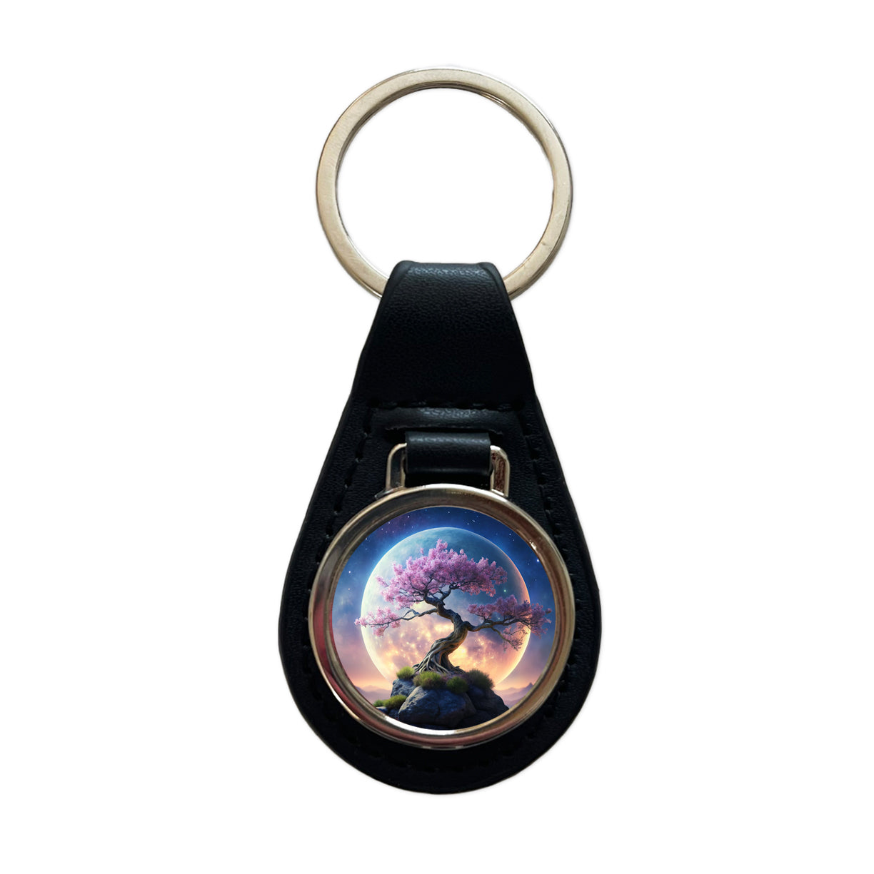 Japanese Bonsai Tree With Pink Flowers On Hill Under Large Moon Black Leather Metal Keychain