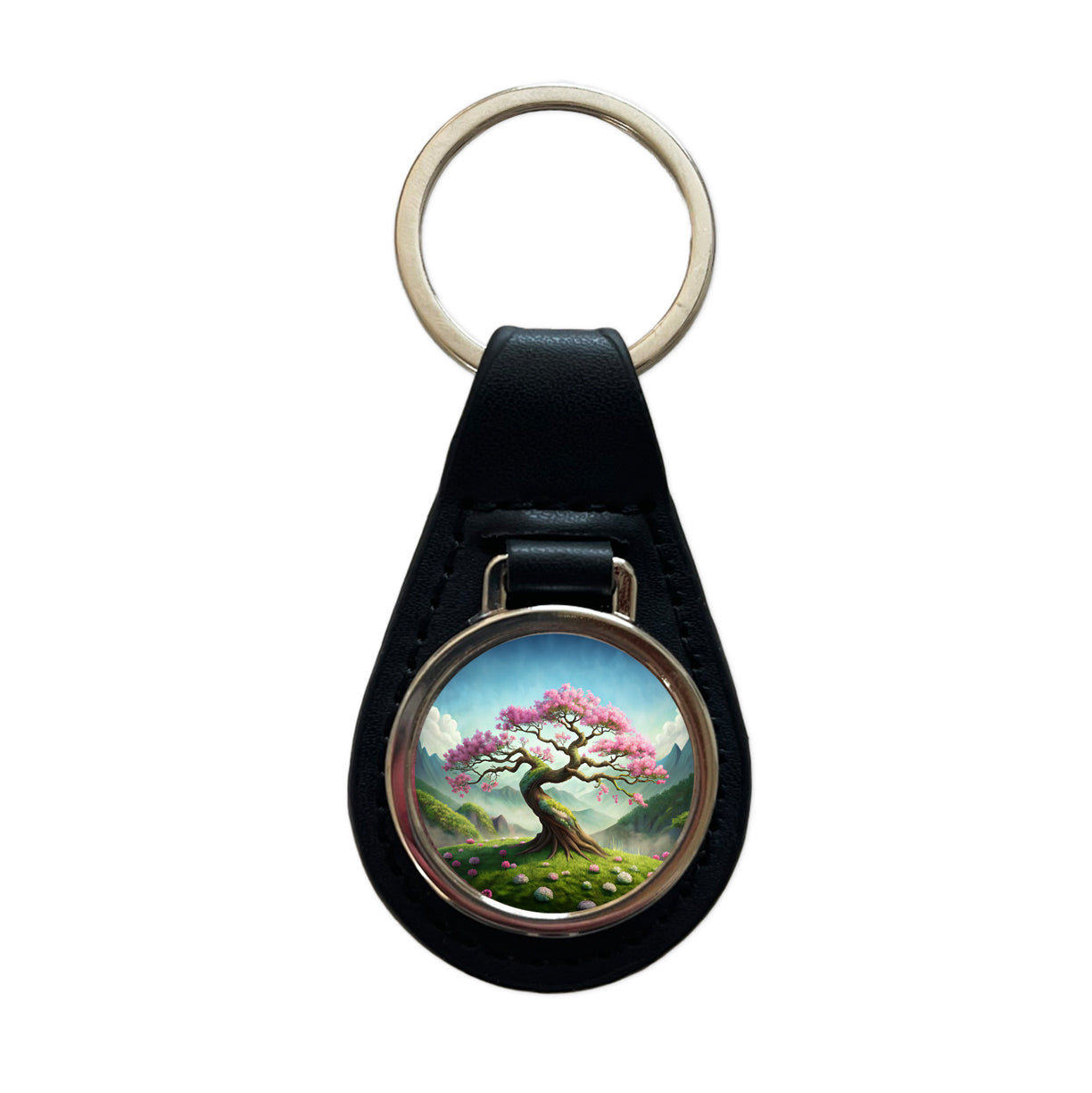 Japanese Bonsai Tree With Pink Flowers On Hillside Black Leather Metal Keychain